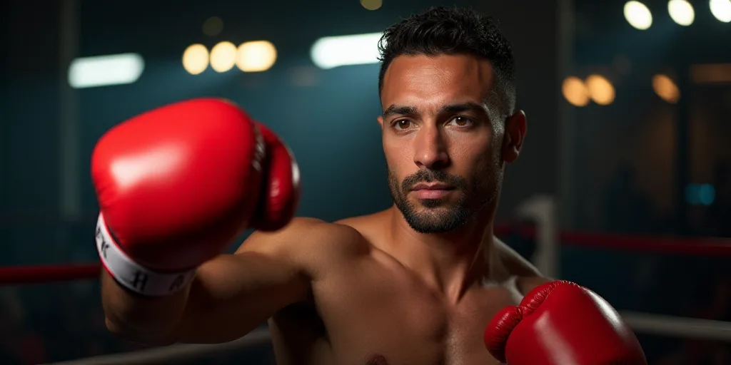 a man with a red boxing glove in his hand and a ring of lights behind him in the background, Charles