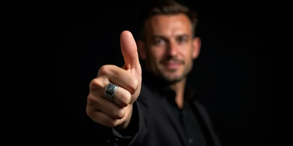 a man with a ring on his finger giving a thumbs up sign at the camera with a black background, Bill