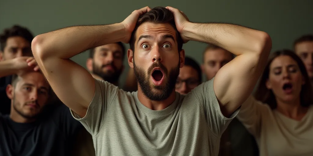a man with a surprised look on his face standing in front of a group of people with their hands on t