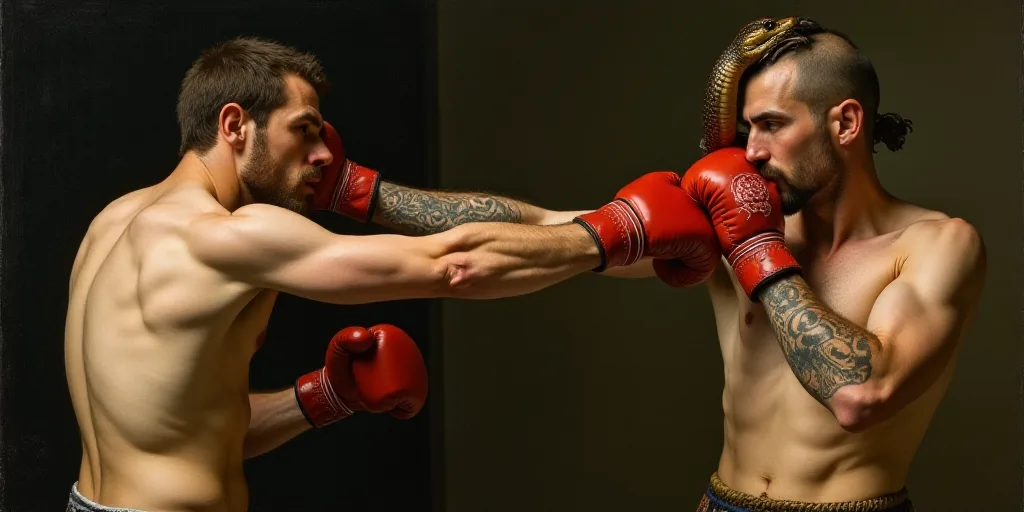 a man with a tattoo on his arm is punching another man with a boxing glove on his head and a man wit