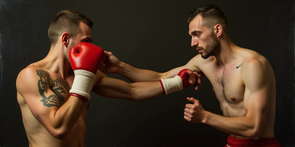 a man with a tattoo on his arm and a boxing glove on his head is punching another man with his right