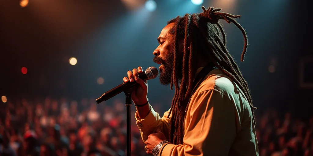 a man with dreadlocks on his head singing into a microphone at a concert with a crowd watching, Andr