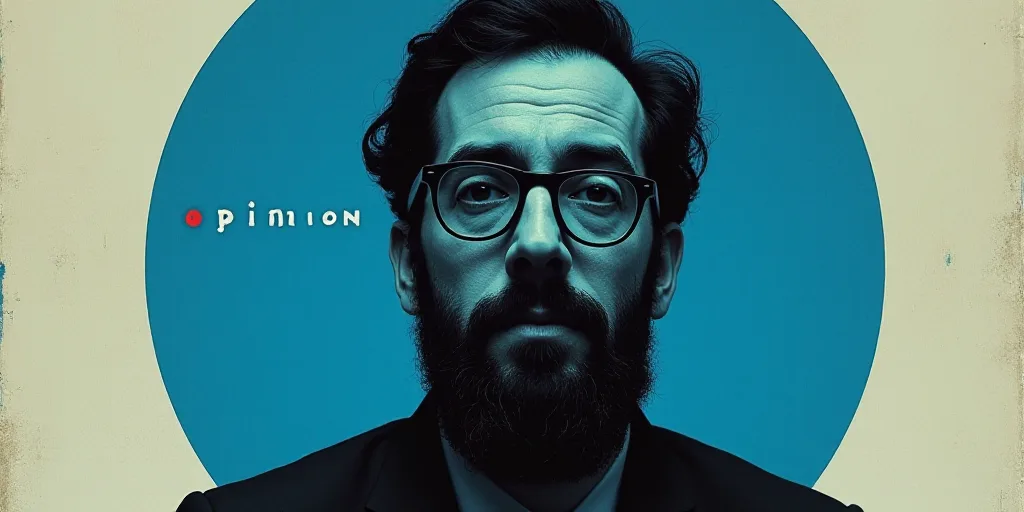 a man with glasses and a beard in a blue circle with the words opinion on it, oscar flores, Edward O