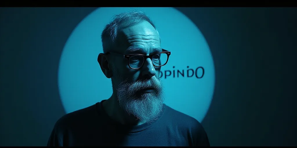 a man with glasses and a beard in a blue circle with the words opinion on it, oscar flores, Edward O