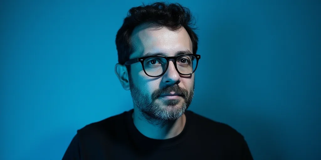a man with glasses and a black shirt on a blue background with a black and white photo of him, Carlo