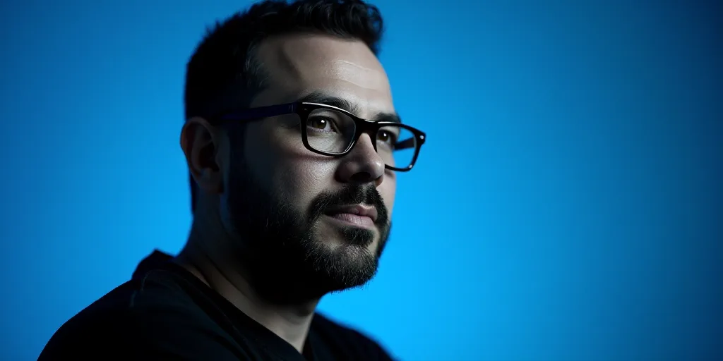 a man with glasses and a black shirt on a blue background with a black and white photo of him, Carlo