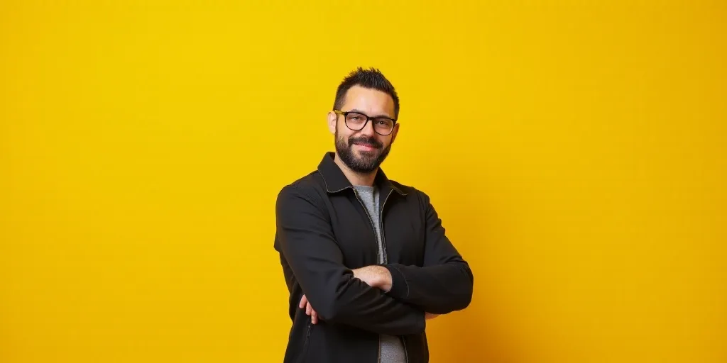 a man with glasses and a jacket on is standing with his arms crossed and his arms crossed, with a ye