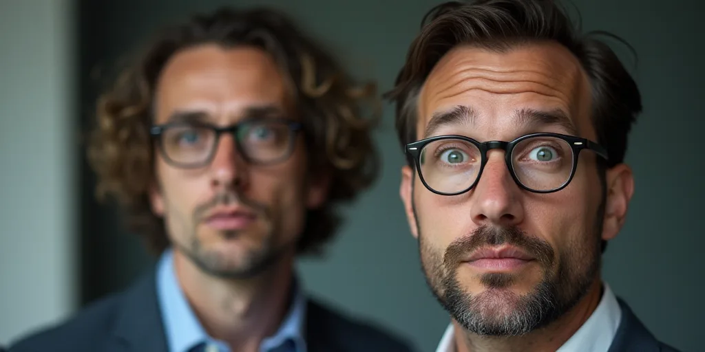 a man with glasses and a man with a surprised look on his face and a man with a surprised look on hi