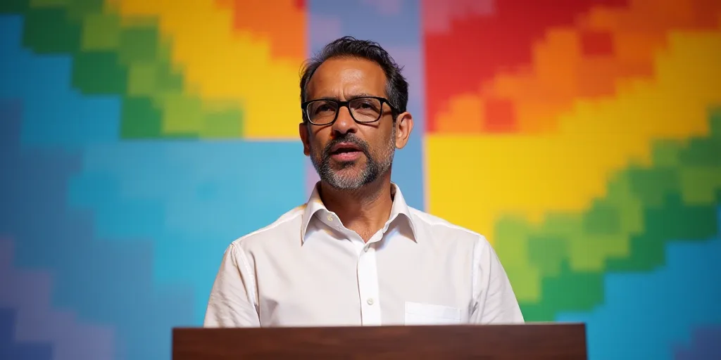a man with glasses and a white shirt is giving a speech at a podium with a colorful background and a