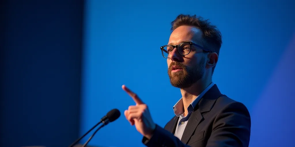 a man with glasses is making a point with his finger while standing in front of a blue background an