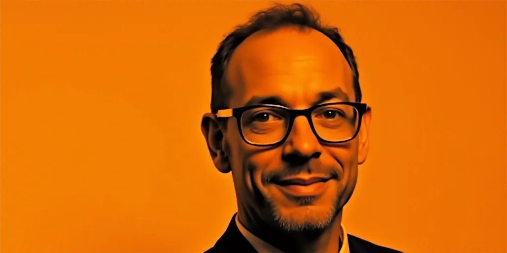 a man with glasses is standing in front of an orange background with a black and white photo of him,