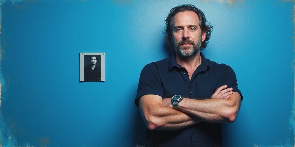 a man with his arms crossed standing in front of a blue background with a black and white photo of h