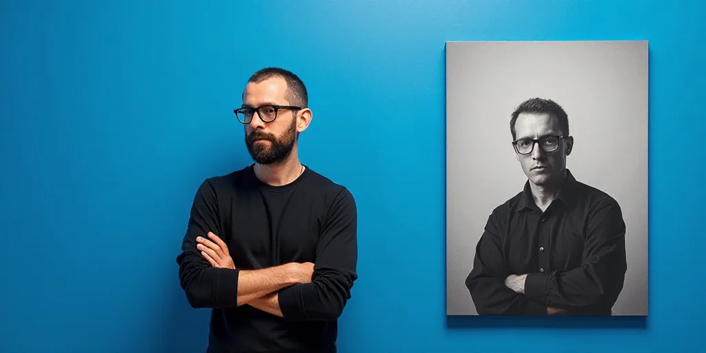 a man with his arms crossed standing in front of a blue background with a black and white photo of h