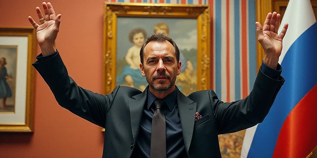 a man with his hands in the air in front of a flag and a painting on the wall behind him, Daryush Sh