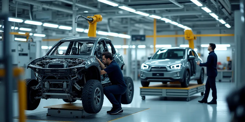 a man working on a car in a factory with a car being assembled on a machine and a car being assemble