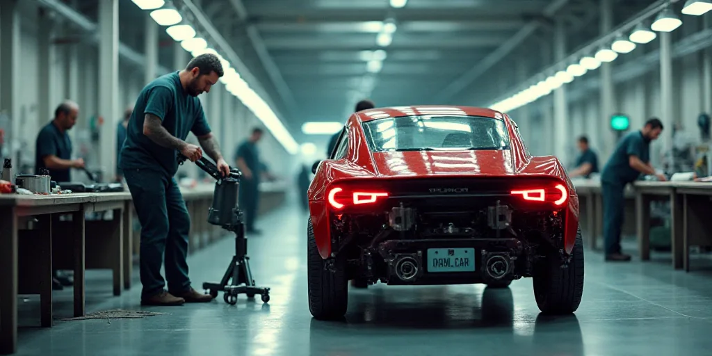 a man working on a car in a factory with other people working on it and a car being built, Dahlov Ip