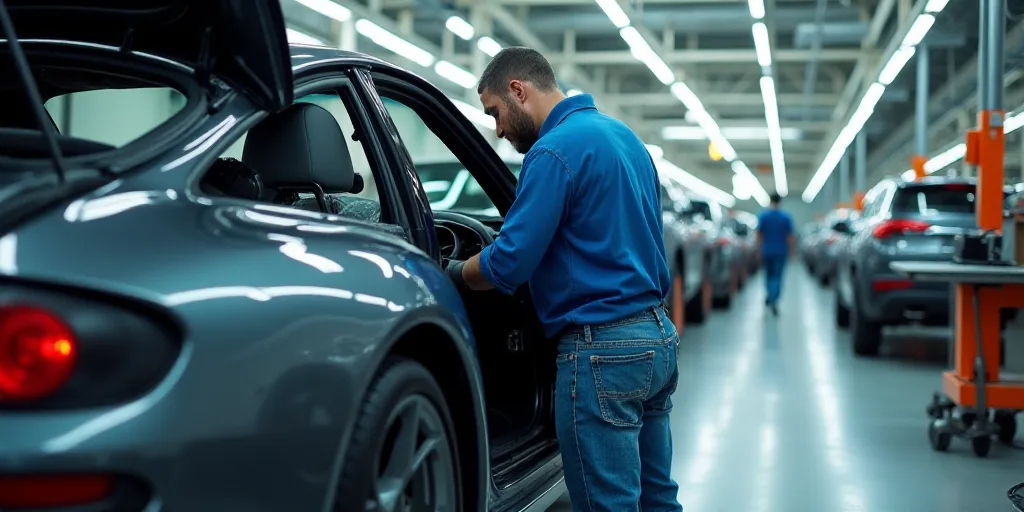 a man working on a car in a factory with other cars in the background and a man in a blue shirt and