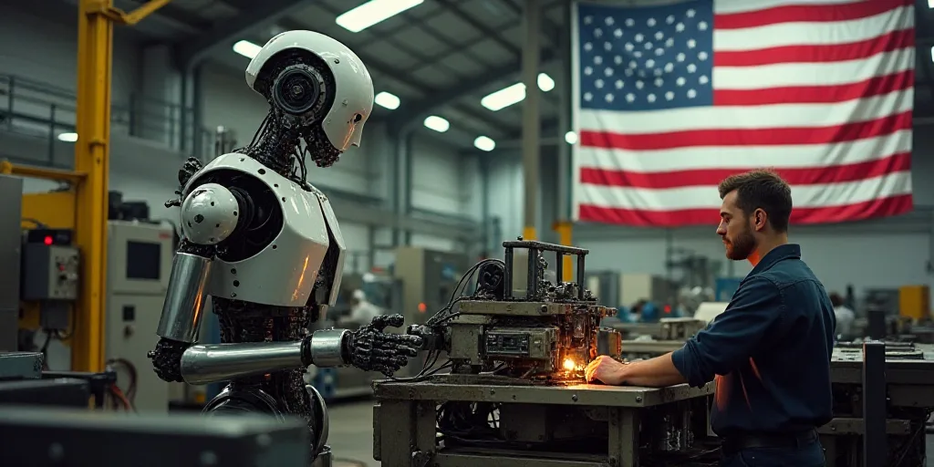 a man working on a machine in a factory with american flag in the background and a flag hanging from