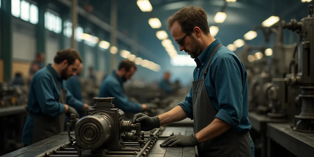 a man working on a machine in a factory with other workers nearby and a machine in the background wi