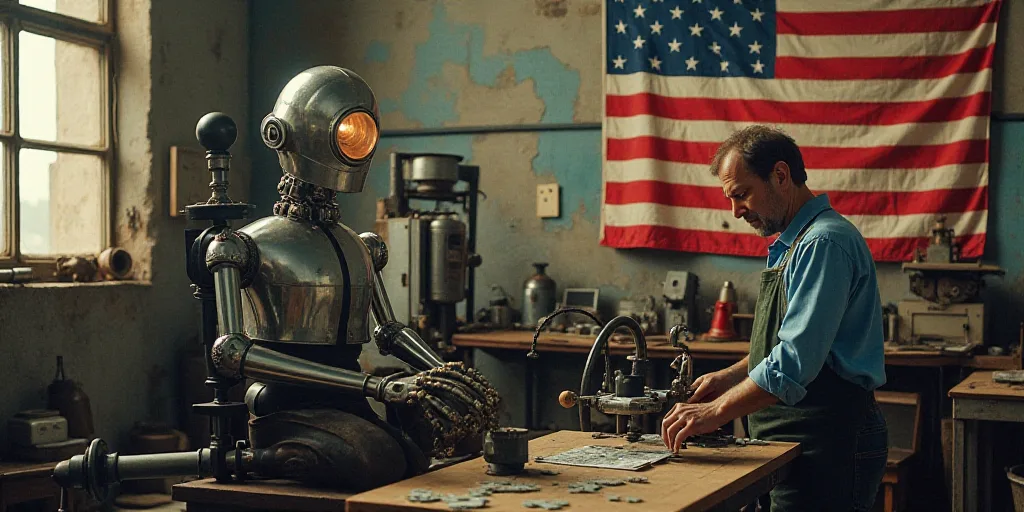 a man working on a machine in a factory with an american flag hanging on the wall behind him and a f