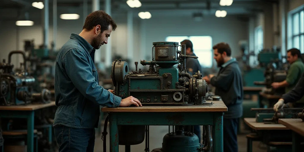 a man working on a machine in a factory with other machines in the background and a man standing in