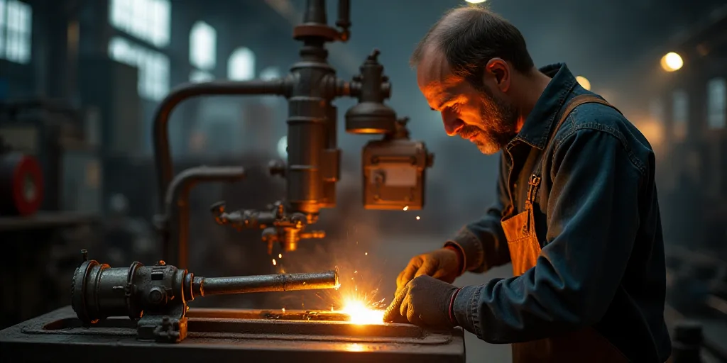 a man working on a metal object in a factory with a bright light coming from the machine behind him,
