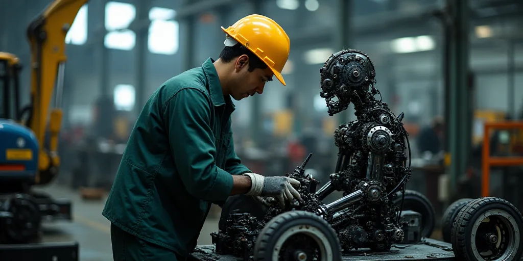 a man working on a vehicle in a factory with a machine in the background and a man in a hard hat wor