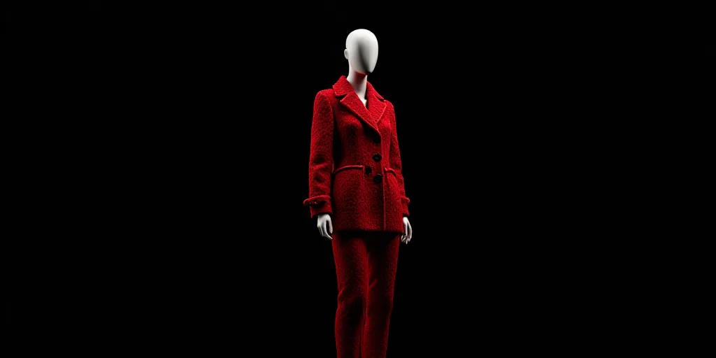 a mannequin dressed in a red leopard print coat and matching pants stands in front of a black backgr