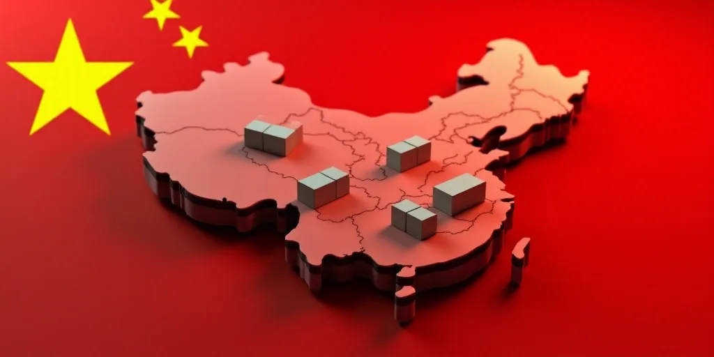 a map of china with boxes on top of it and a flag of china in the background with a red background,