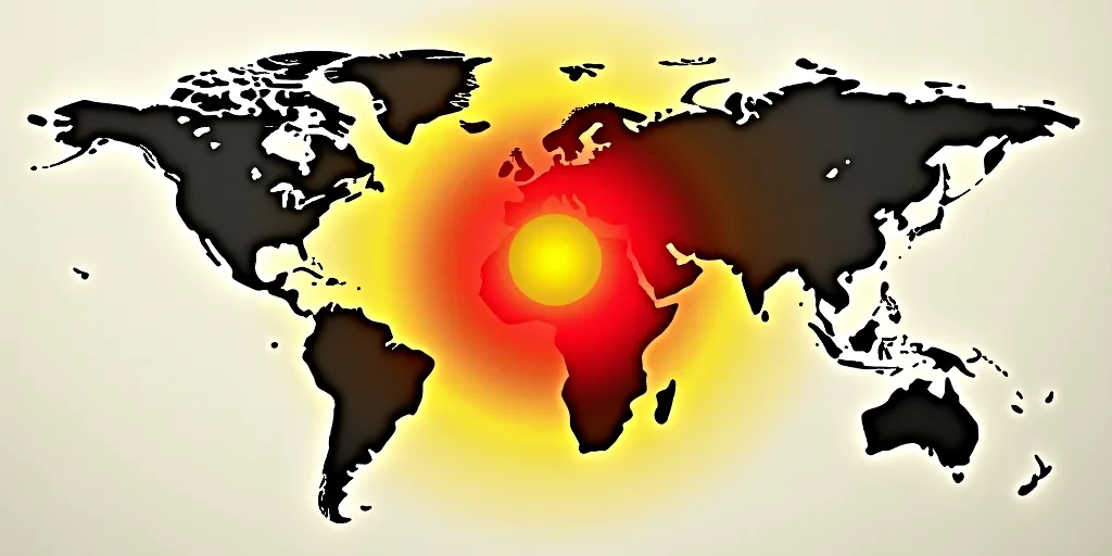 a map of the world with a red and yellow circle on it and a yellow circle on the middle of the map,
