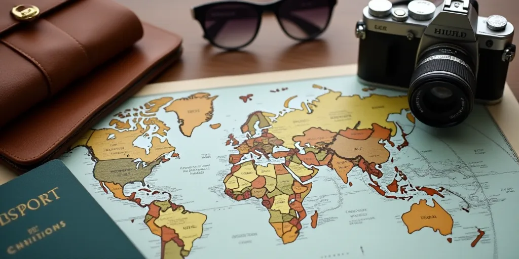 a map, passport, sunglasses, camera, and other items are on a table with a map and a camera, Christi