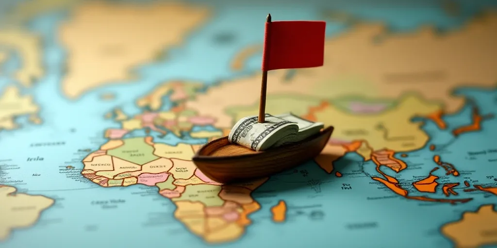 a map with a flag and a miniature boat on top of it with a lot of money sticking out of it, Aquirax