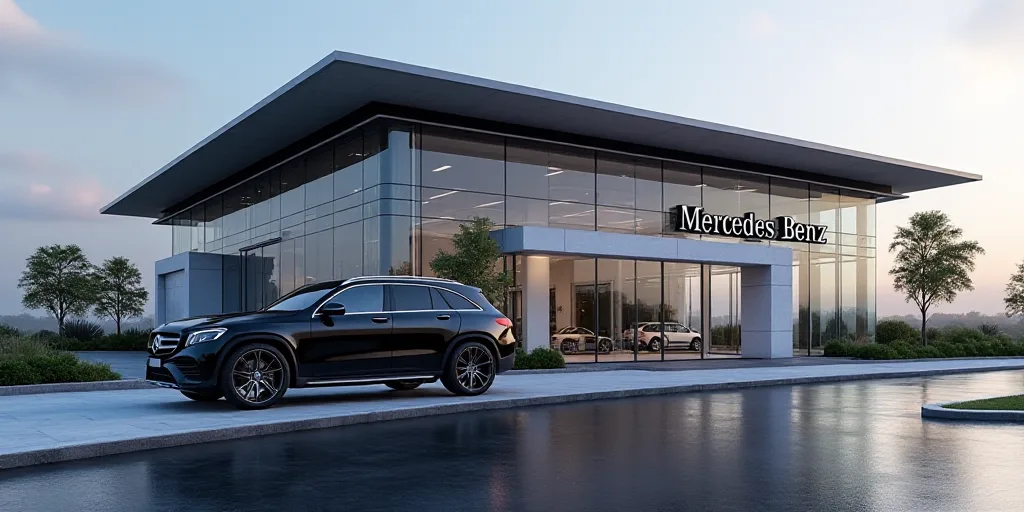 a mercedes benz dealership with a mercedes benz suv parked in front of it and a mercedes benz suv pa