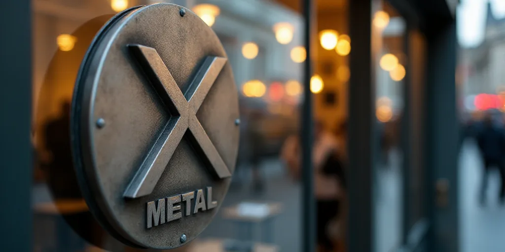 a metal sign that says x meta on it's glass door with people walking by in the background, Évariste