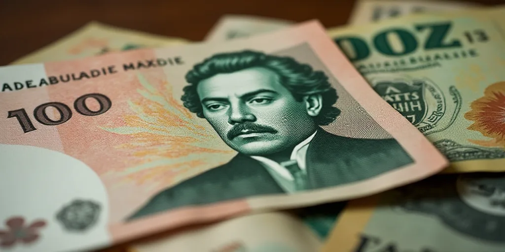 a mexican currency with a portrait of a man on it and a pile of bills in the background with a few b