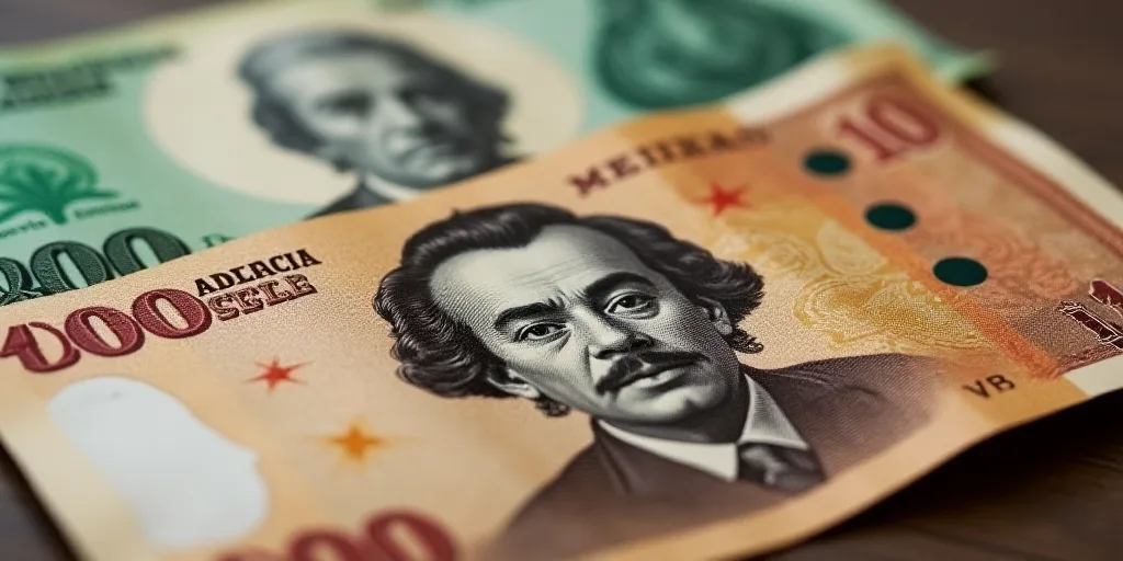 a mexican currency with a portrait of a man on it and a pile of bills in the background with a few b