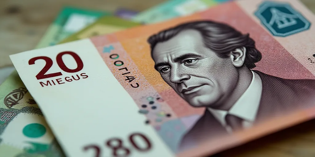 a mexican currency with a portrait of a man on it and a pile of bills in the background with a few b