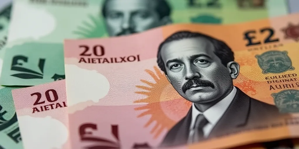 a mexican currency with a portrait of a man on it and a pile of bills in the background with a few b