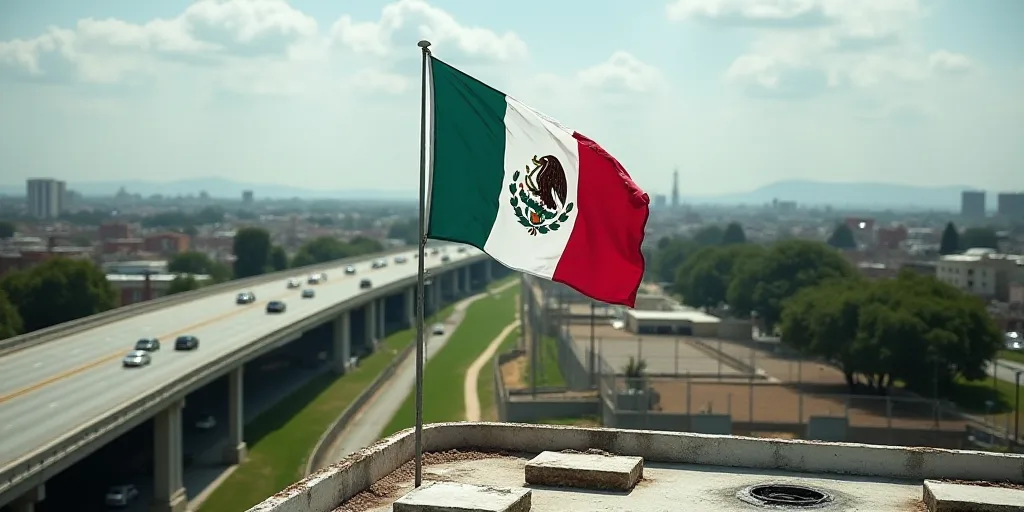 a mexican flag flying on a roof of a building in a city with a freeway and a fenced in area, Aquirax