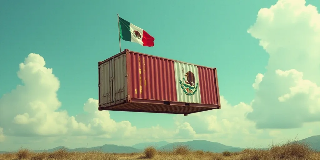 a mexican flag hanging from a container in the air with a flag on it's side and a flag on top of the