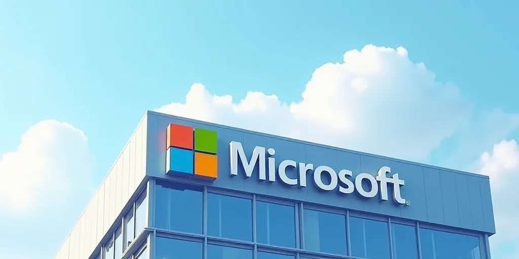 a microsoft logo on a building with windows on it's side and a sky background with clouds in the bac