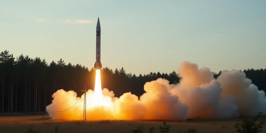 a military missile is launching into the air with smoke coming out of it's back end and a forest in