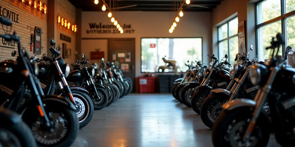 a motorcycle shop with motorcycles parked in rows and a sign that says welcome to motorcycles on the