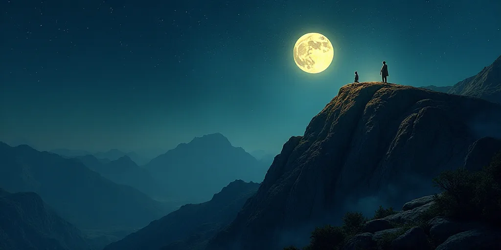 a mountain with a light at the top of it at night time with a person standing on a ledge, Cui Bai, d