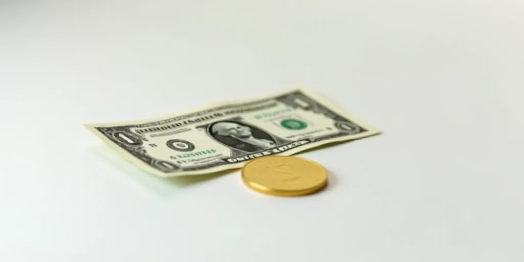 a one dollar bill and a gold coin on a white surface with a white background and a white background,