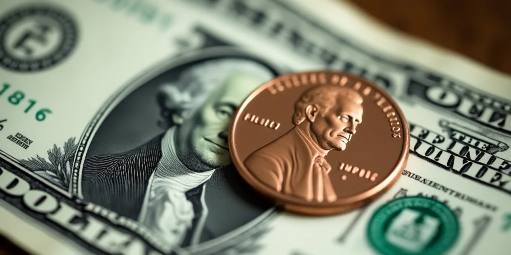 a one dollar bill with a penny on top of it, with a picture of george washington on it, Charles Frem