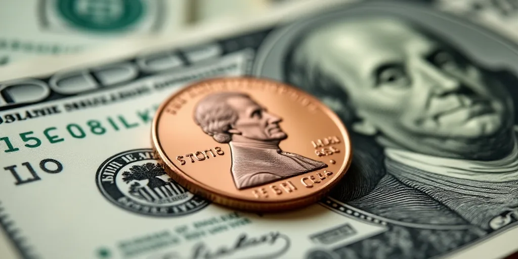 a one dollar bill with a penny on top of it, with the image of george washington on it, Benjamin Fra
