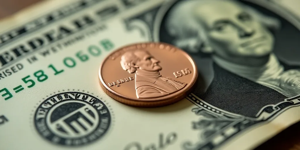a one dollar bill with a penny on top of it, with the image of george washington on it, Charles Frem