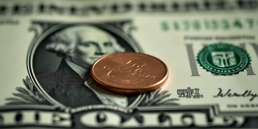 a one dollar bill with a penny on top of it, with a picture of george washington on it, Charles Frem