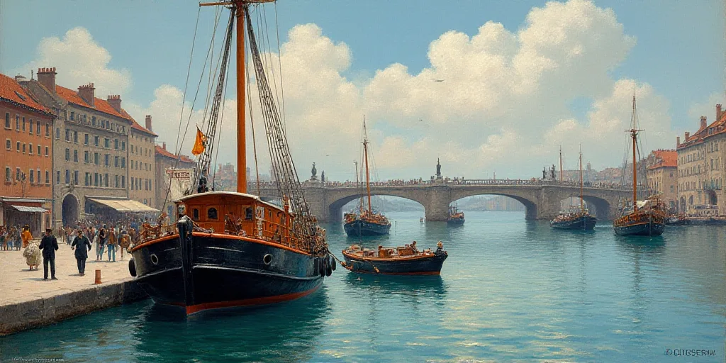 a painting of a boat in a harbor with a bridge in the background and a building in the background, A